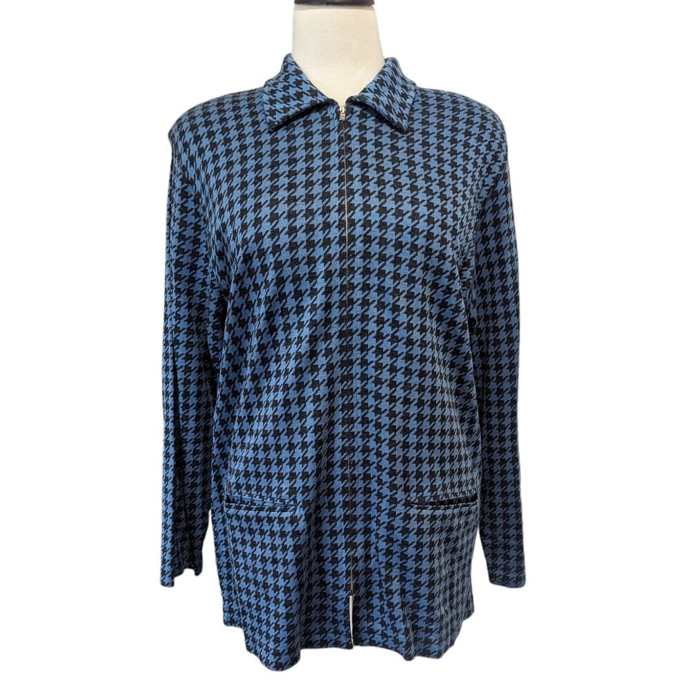 Vintage Cathy Daniels Blue & Black Houndstooth Zip Up Sweater with Pockets Med